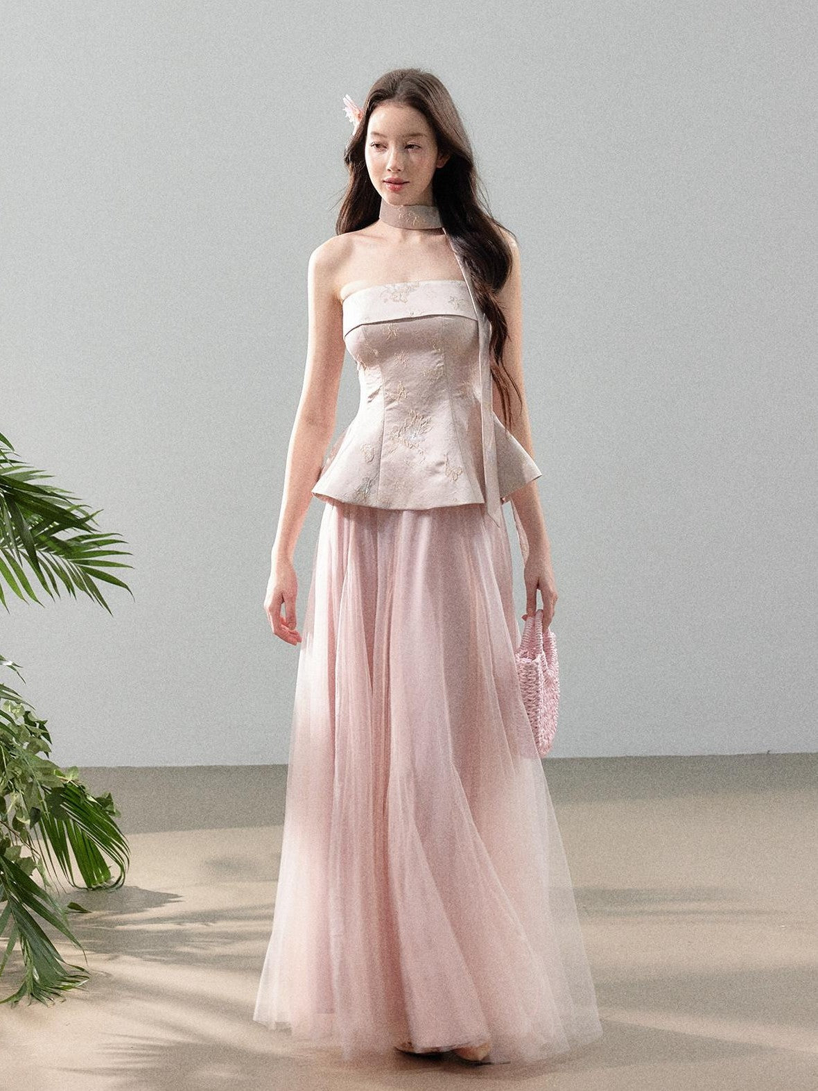 YZZI HE Jacquard Strapless Fitted Waist Modern Chinese Women&