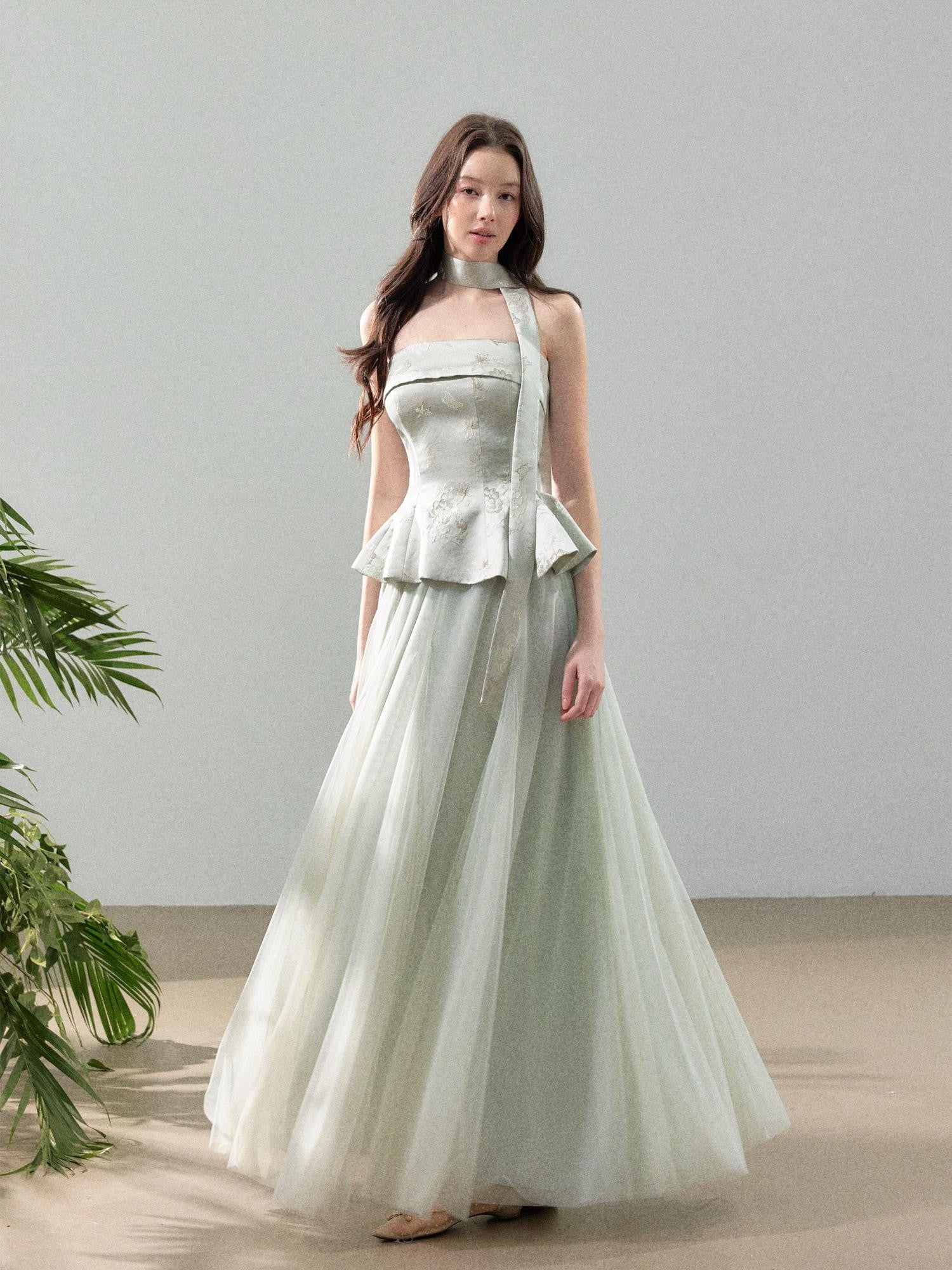 YZZI HE Jacquard Strapless Fitted Waist Modern Chinese Women&