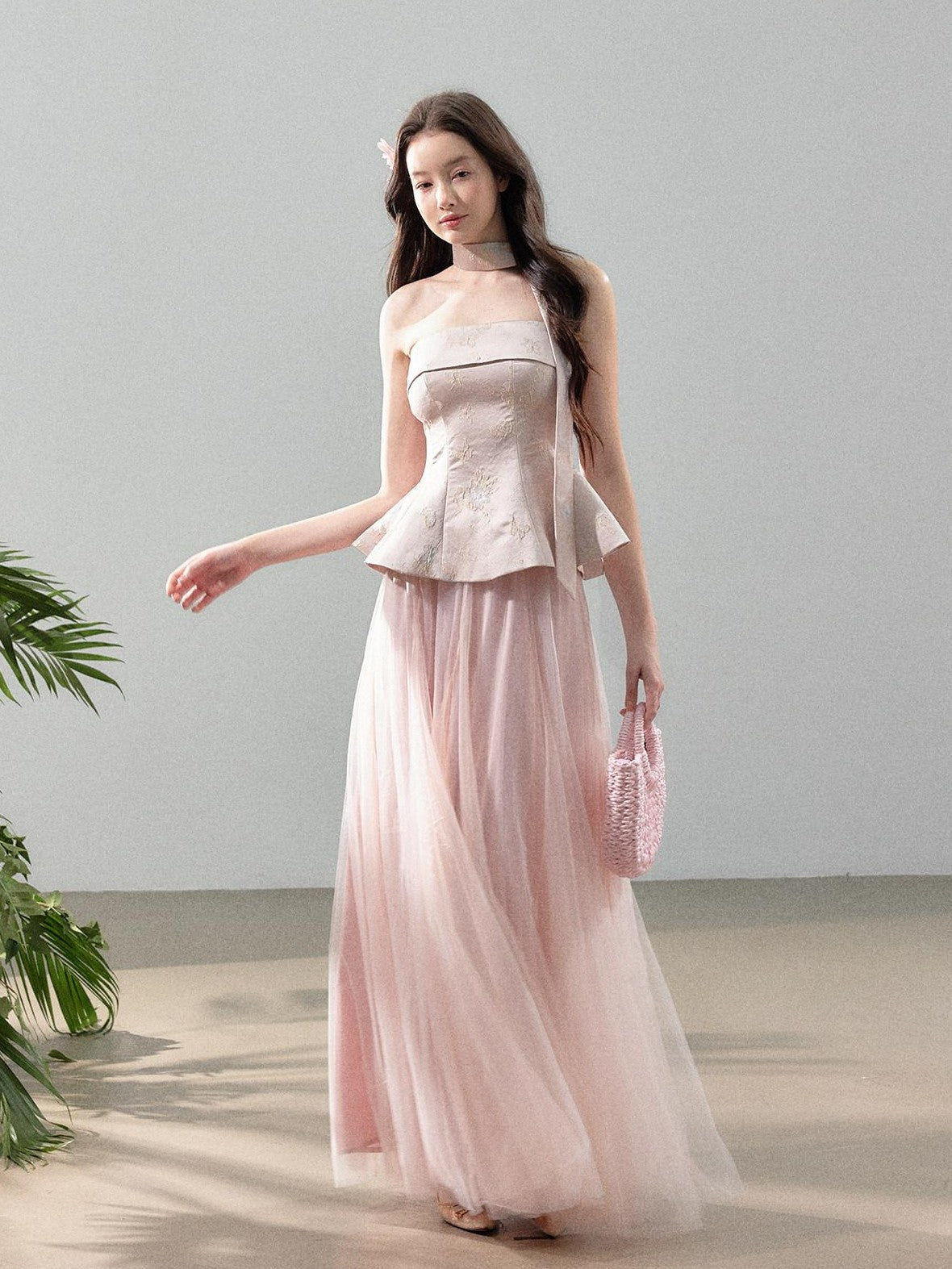 YZZI HE Jacquard Strapless Fitted Waist Modern Chinese Women&
