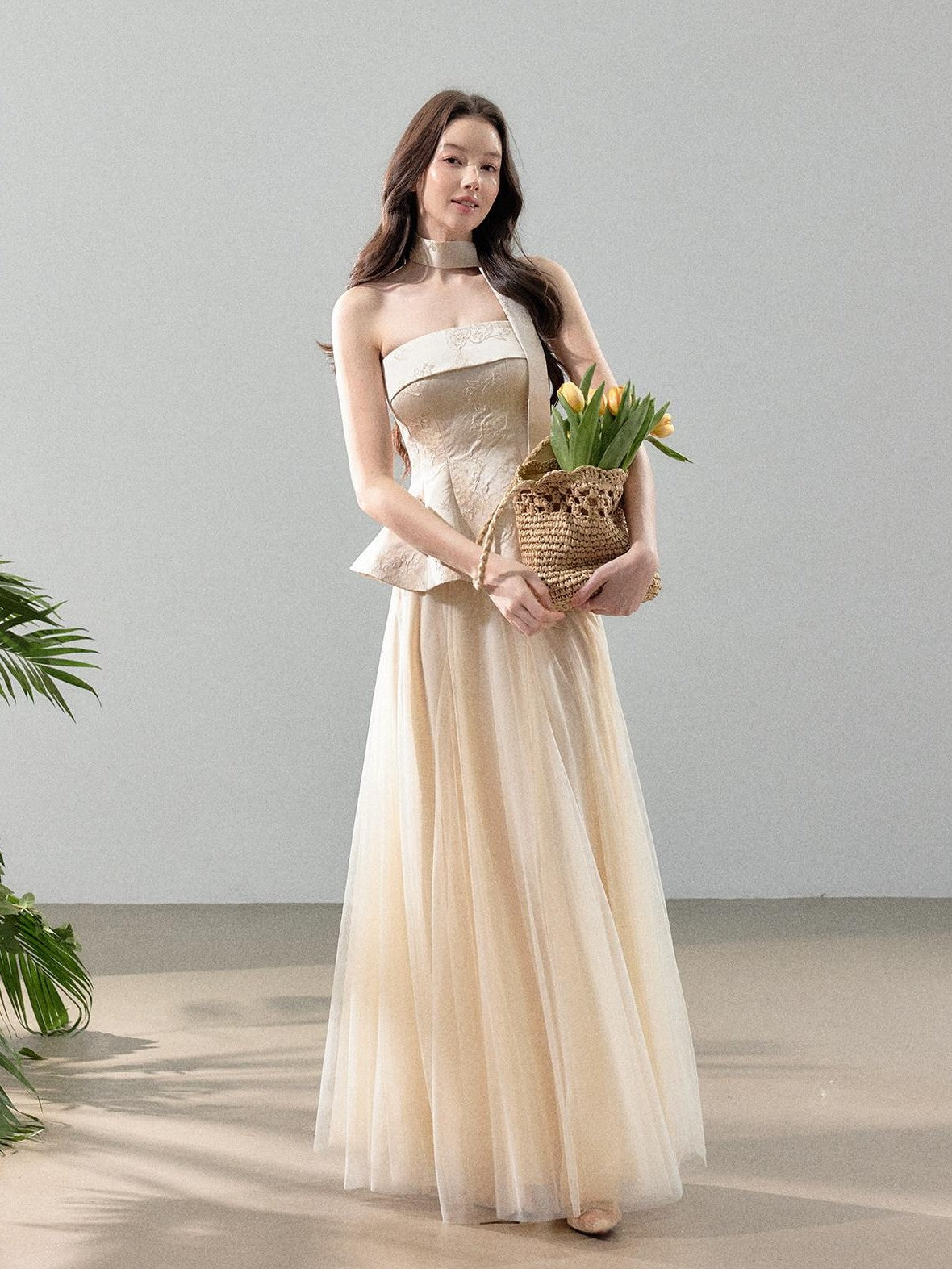 YZZI HE Jacquard Strapless Fitted Waist Modern Chinese Women&