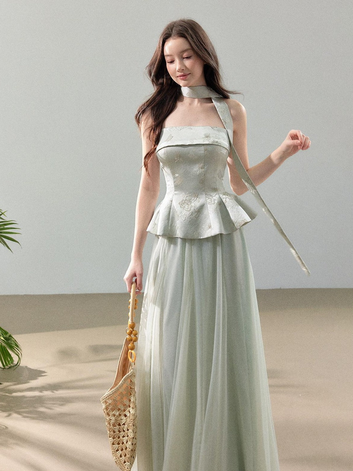 YZZI HE Jacquard Strapless Fitted Waist Modern Chinese Women&