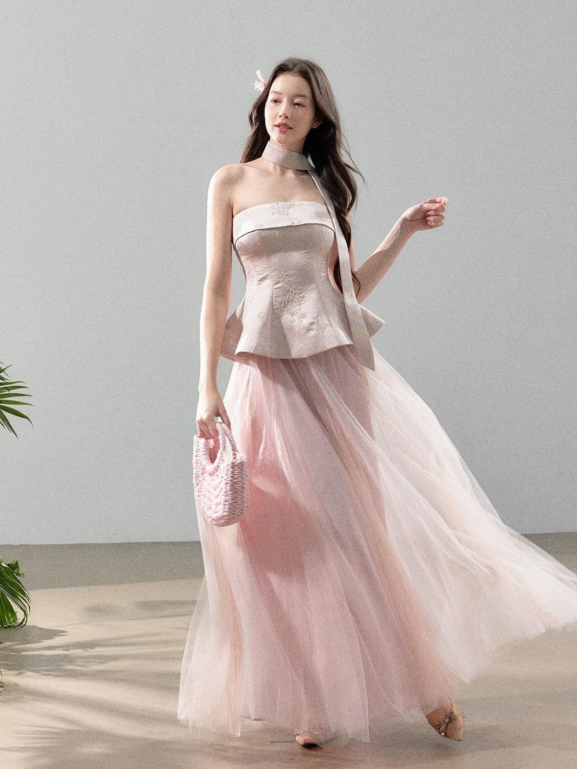 YZZI HE Jacquard Strapless Fitted Waist Modern Chinese Women&