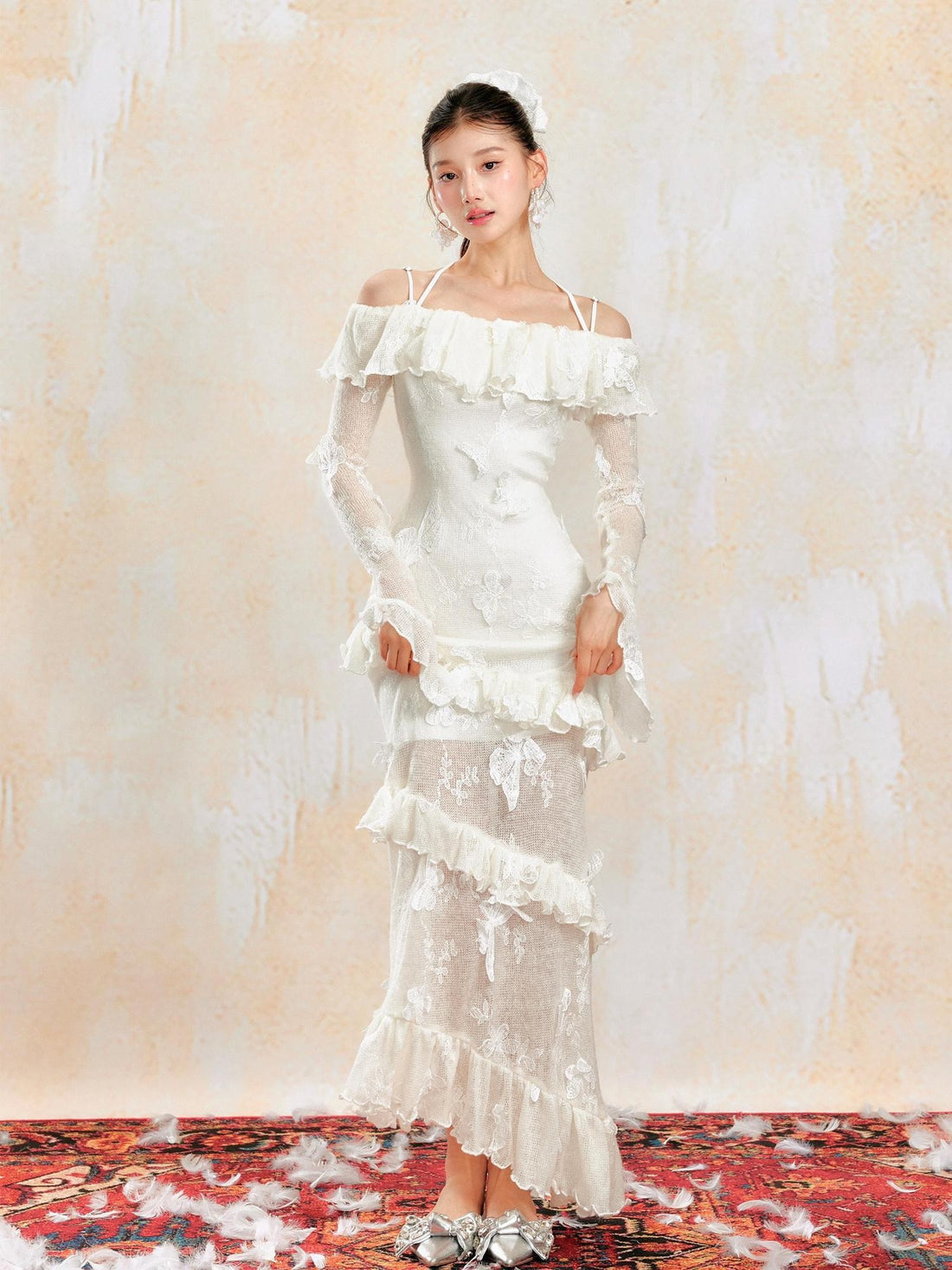YZZI HE Knit One Shoulder 3d Butterfly Ruffle Women&