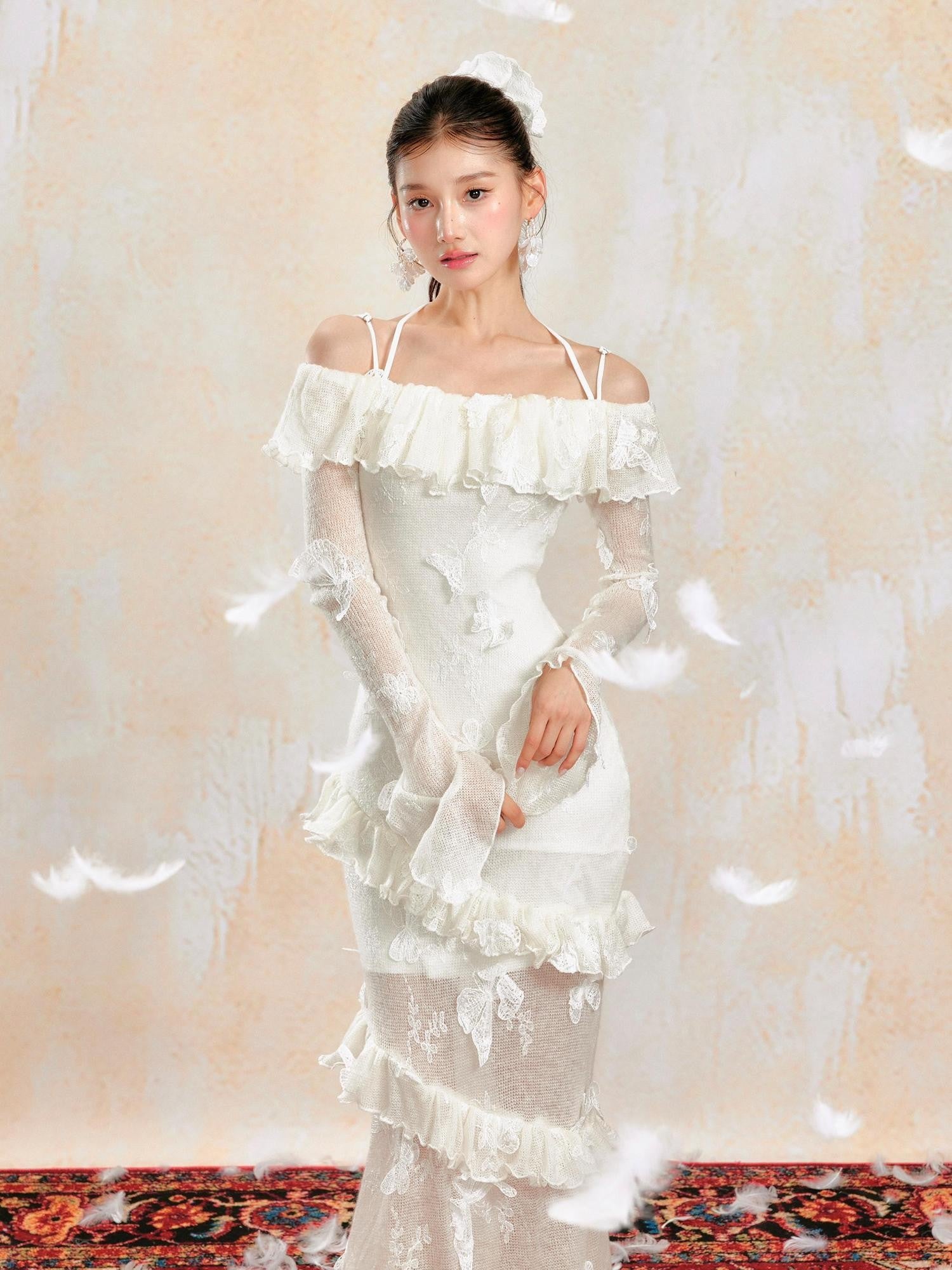 YZZI HE Knit One Shoulder 3d Butterfly Ruffle Women&