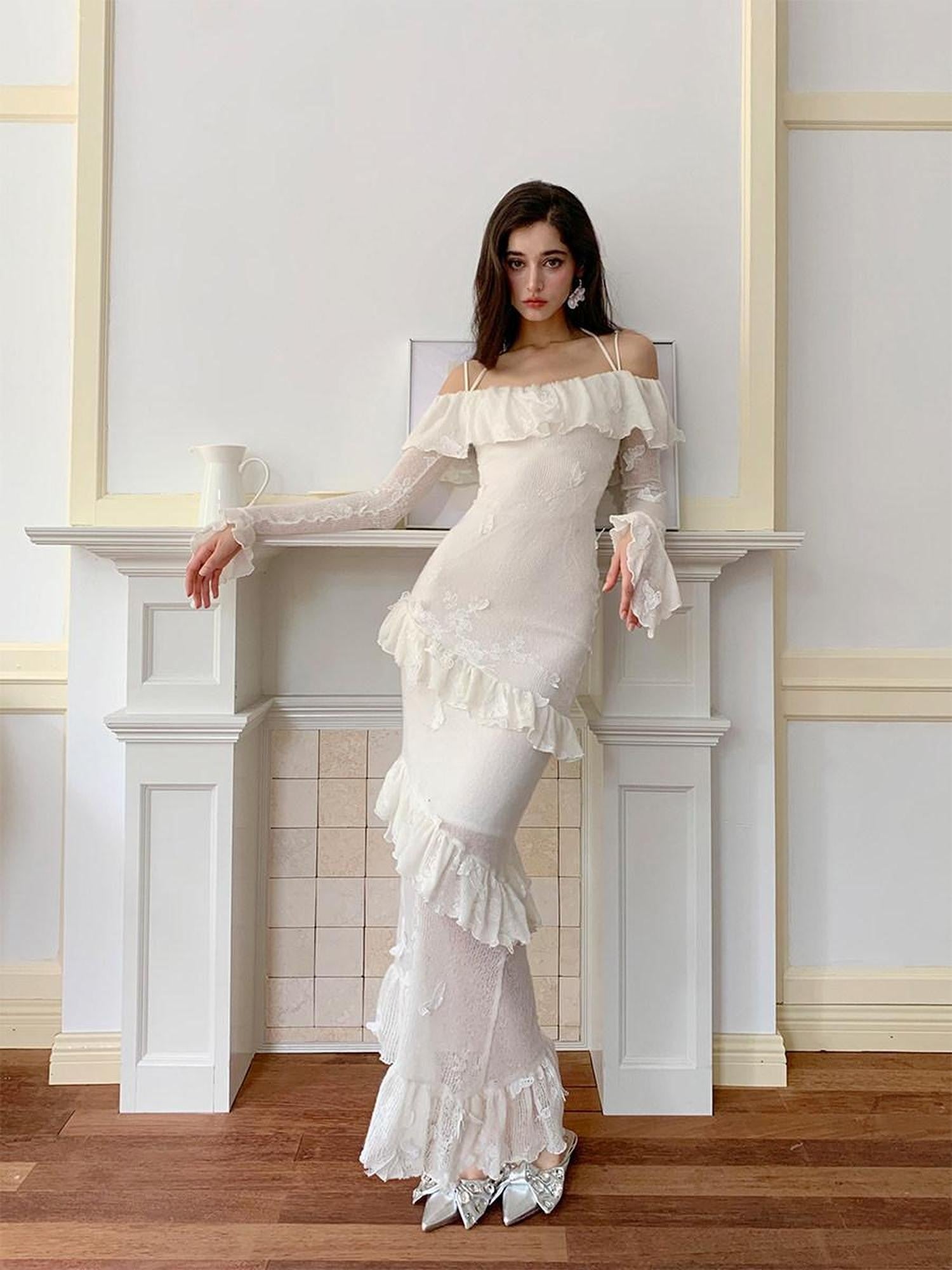 YZZI HE Knit One Shoulder 3d Butterfly Ruffle Women&