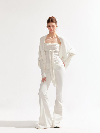 YZZI HE Knitted Strappy Bandeau Two Piece Long Sleeve Women&