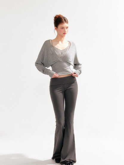 YZZI HE Lace Batwing Knit V-neck Women&