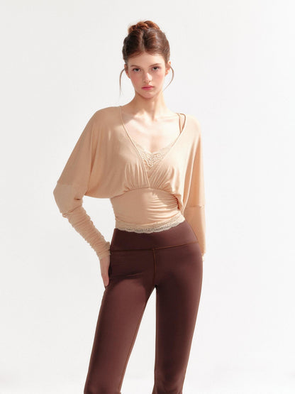 YZZI HE Lace Batwing Knit V-neck Women&
