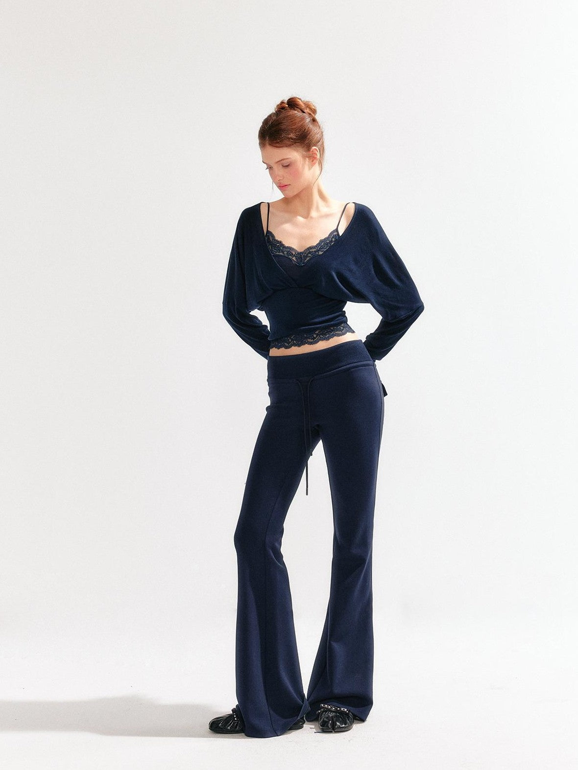 YZZI HE Lace Batwing Knit V-neck Women&