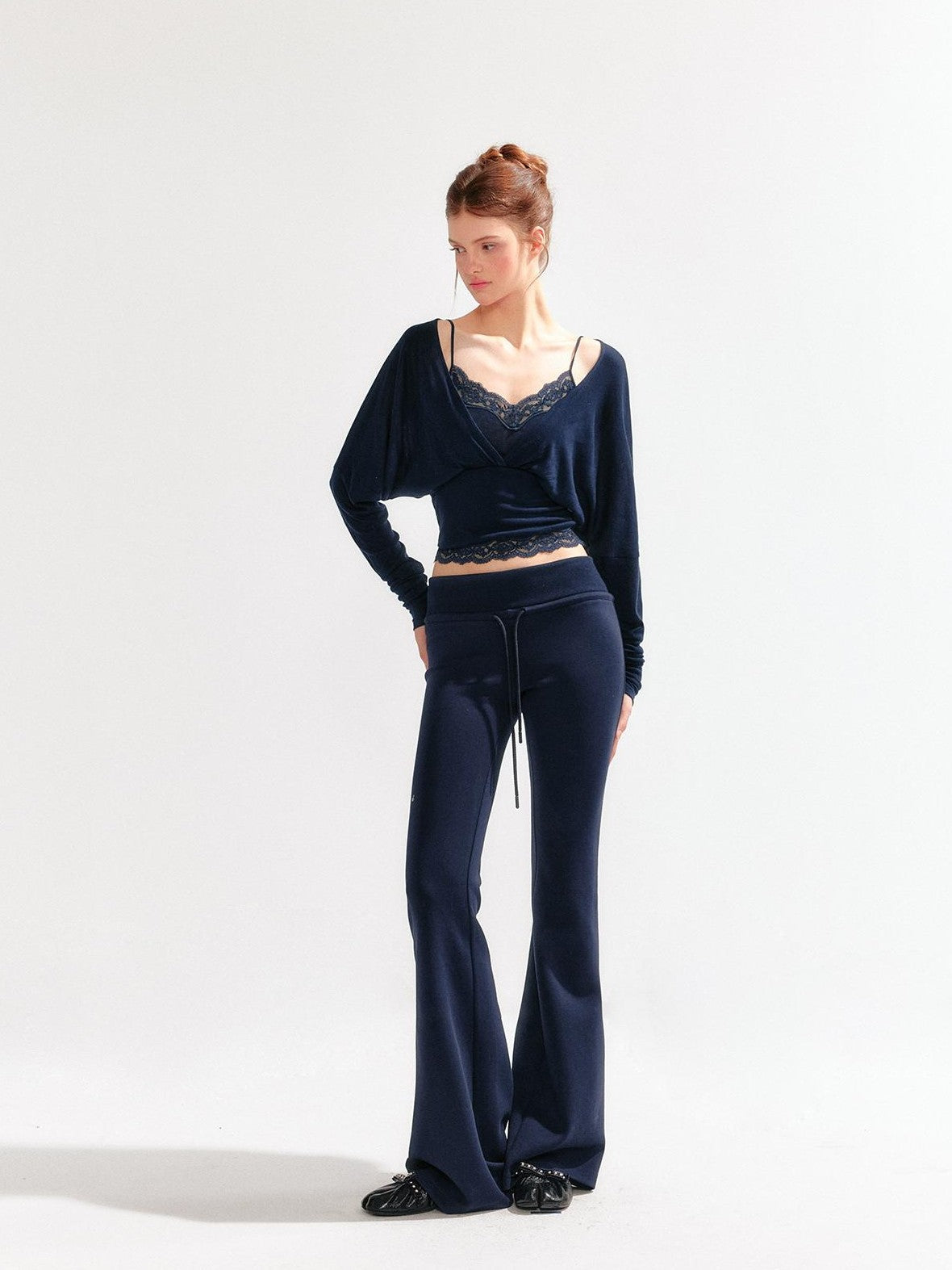 YZZI HE Lace Batwing Knit V-neck Women&