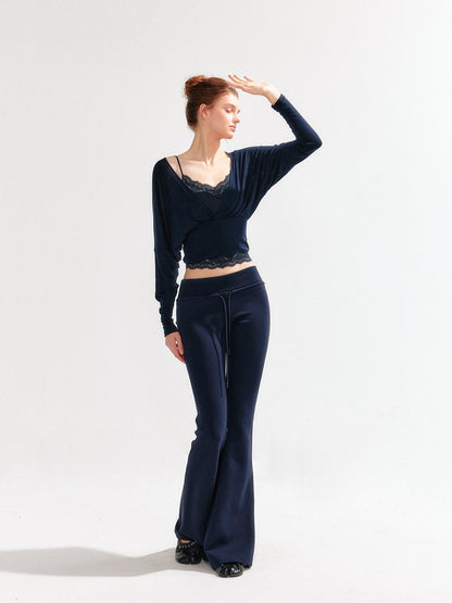 YZZI HE Lace Batwing Knit V-neck Women&