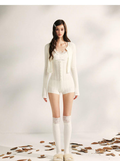 YZZI HE Lace Knit Cropped Cardigan Bustier Jumpsuit Women&