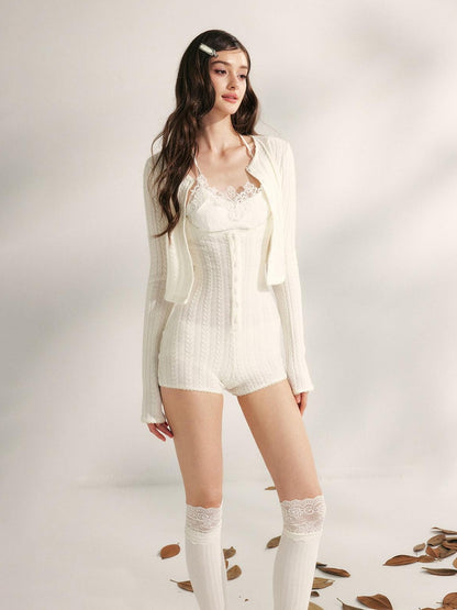 YZZI HE Lace Knit Cropped Cardigan Bustier Jumpsuit Women&