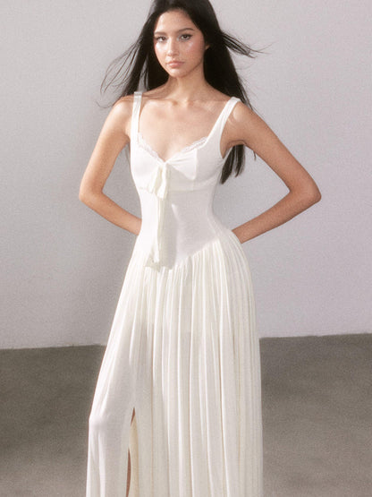 YZZI HE Lace Knit Slit V-neck Tie High Waist Flared Women&