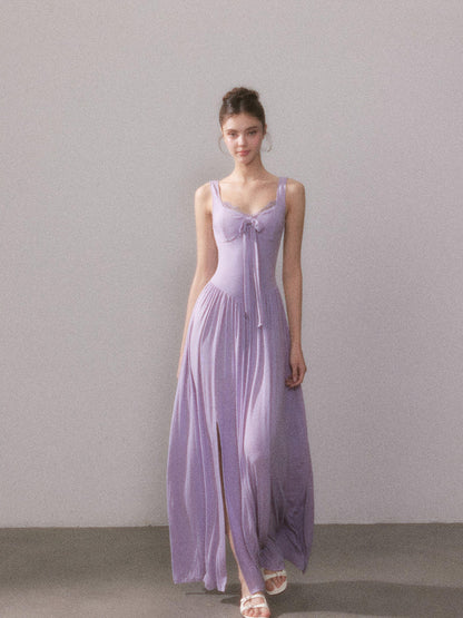 YZZI HE Lace Knit Slit V-neck Tie High Waist Flared Women&