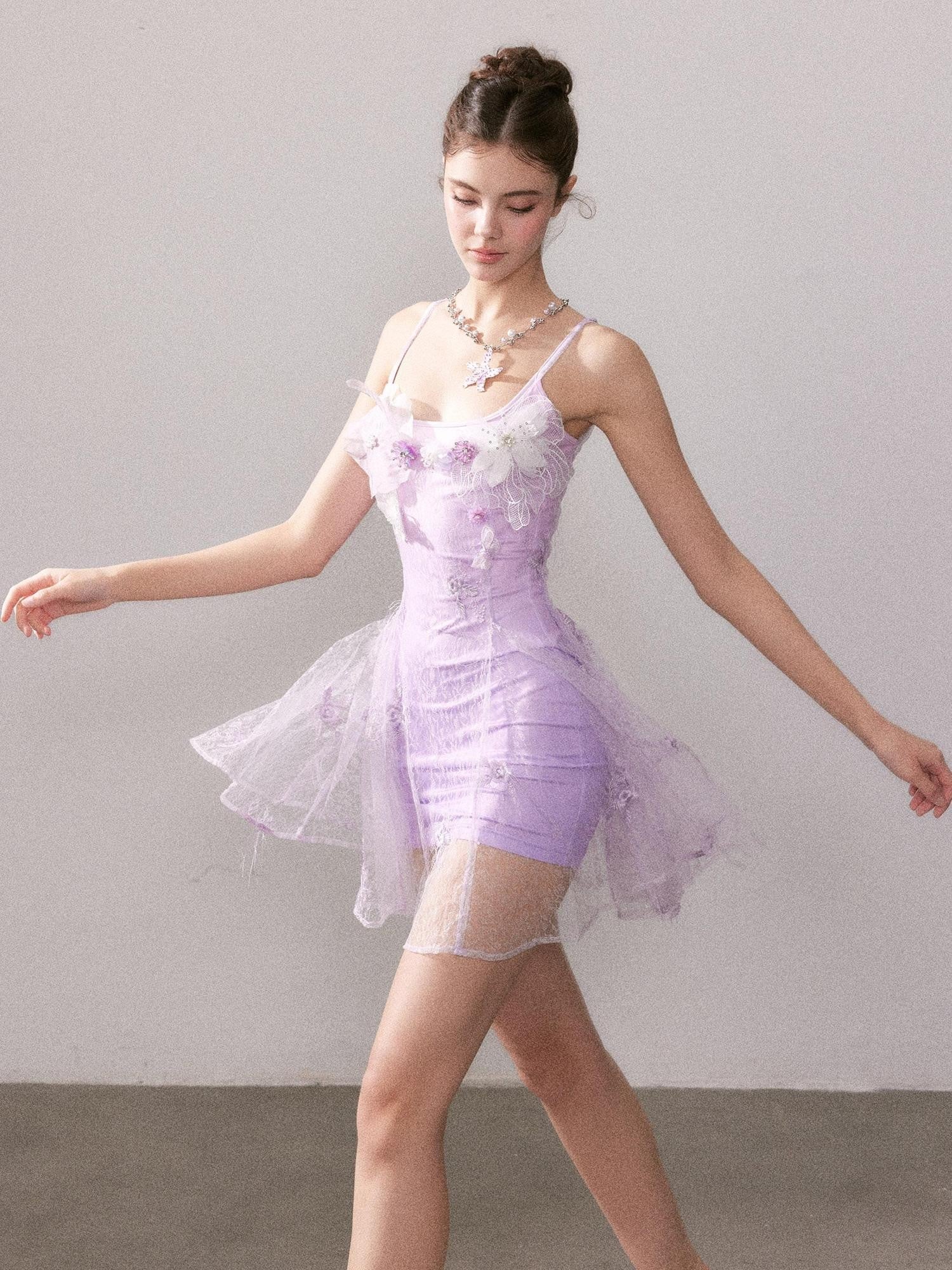YZZI HE Light Purple Gradient Embroidered Lace Floral Women&