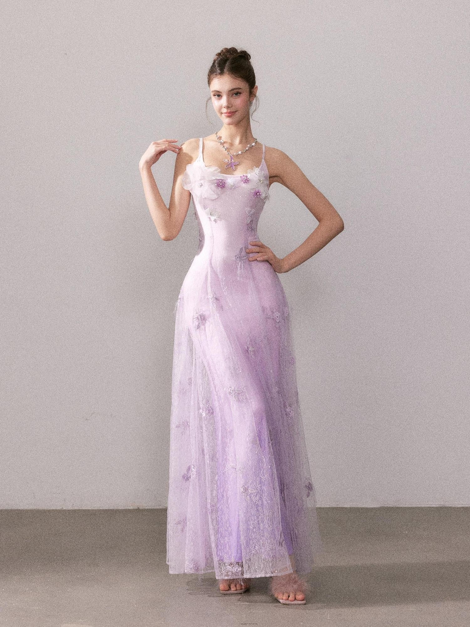 YZZI HE Lilac Gradient Embroidered Lace Strappy Women&