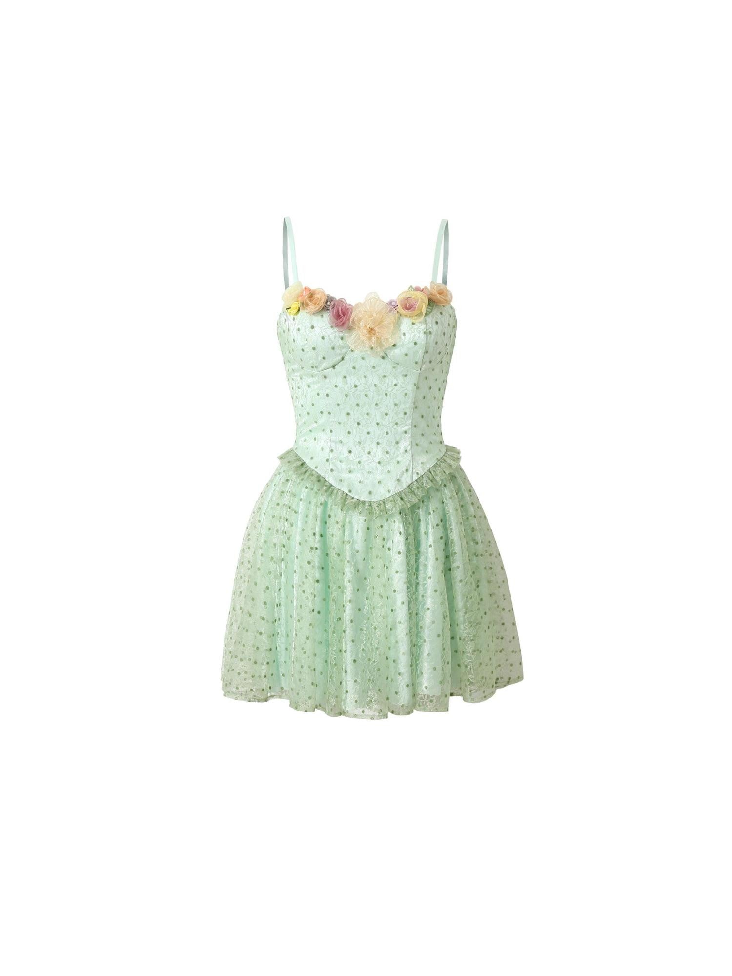 YZZI HE Mint Green Polka Dot 3d Floral Mesh A Line Women&