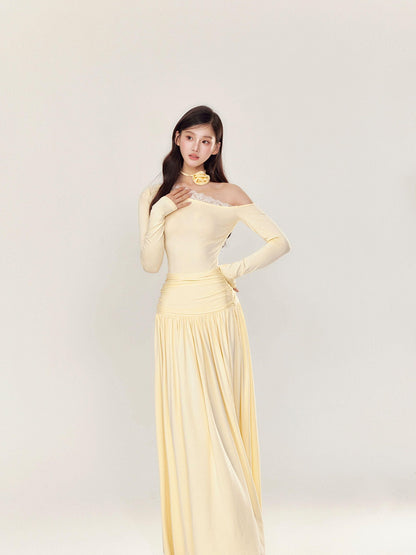 YZZI HE One Shoulder Waist Ruching Slim Long Sleeve Women&