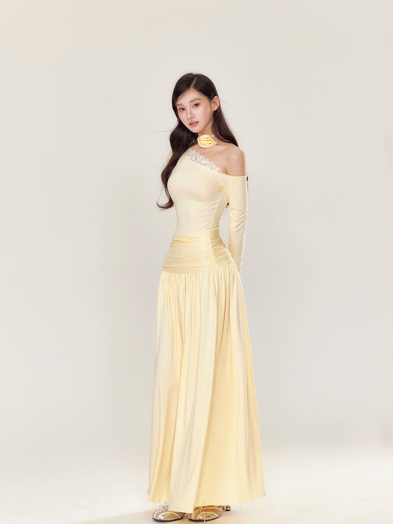 YZZI HE One Shoulder Waist Ruching Slim Long Sleeve Women&