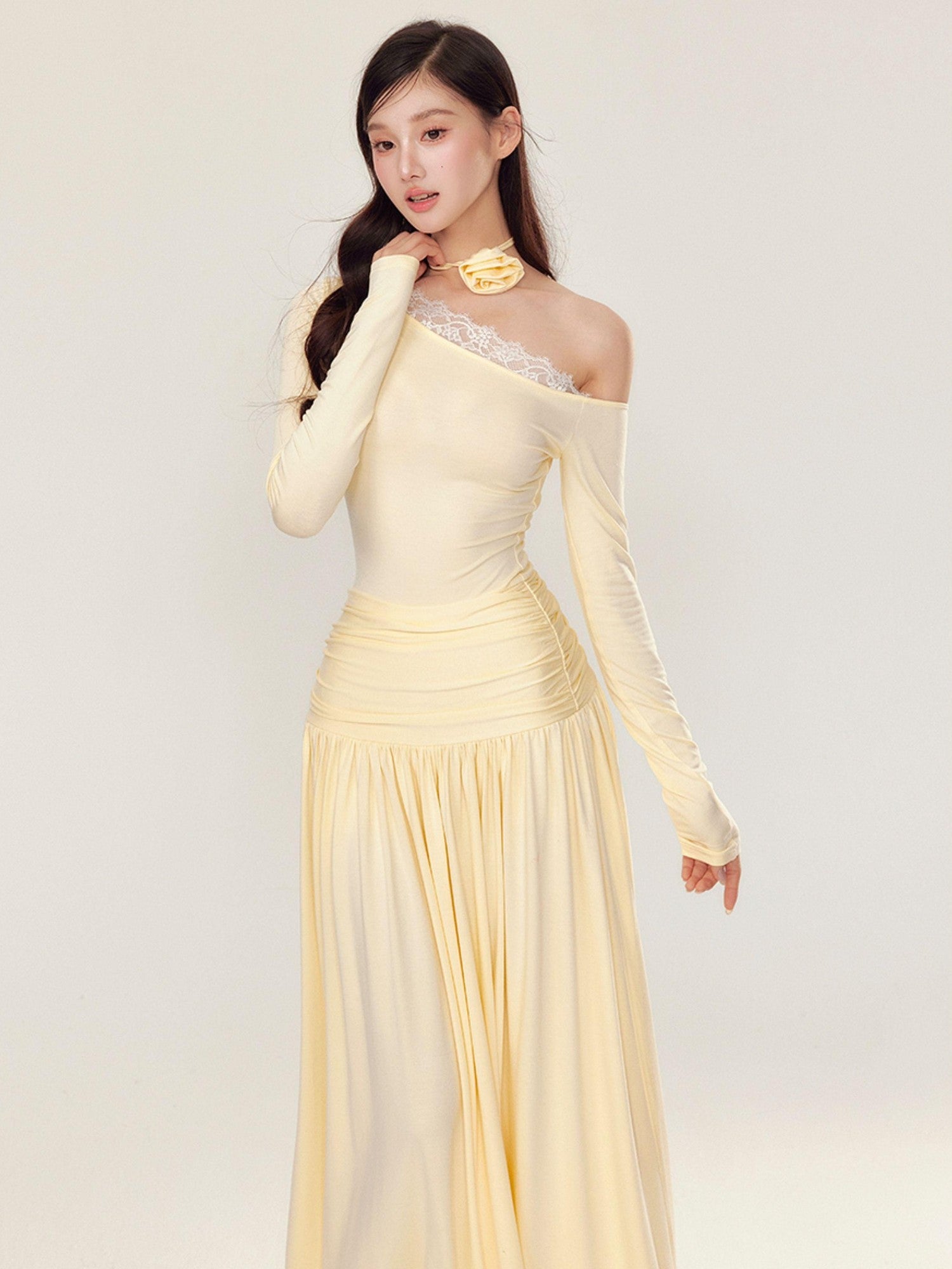 YZZI HE One Shoulder Waist Ruching Slim Long Sleeve Women&