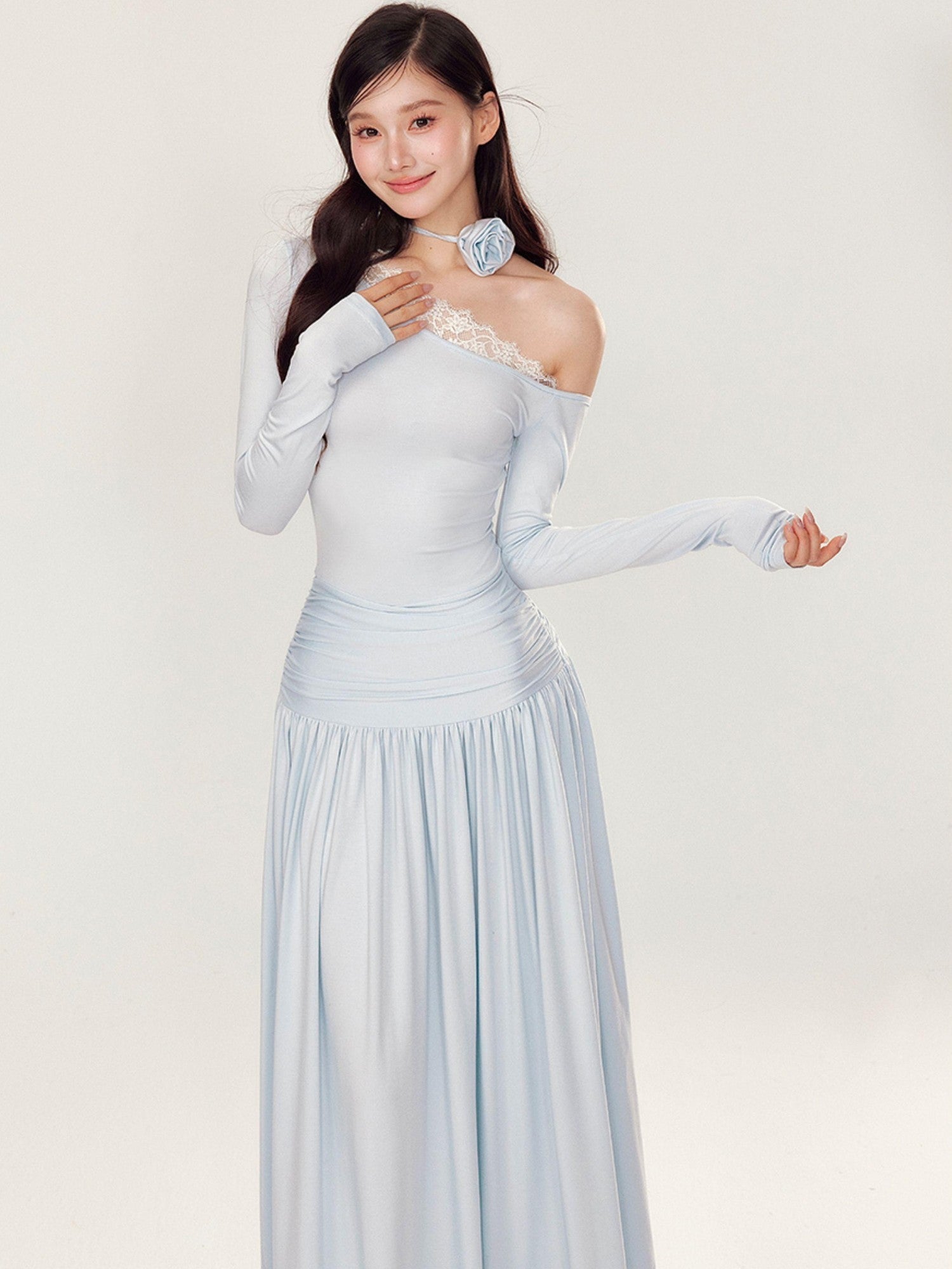 YZZI HE One Shoulder Waist Ruching Slim Long Sleeve Women&