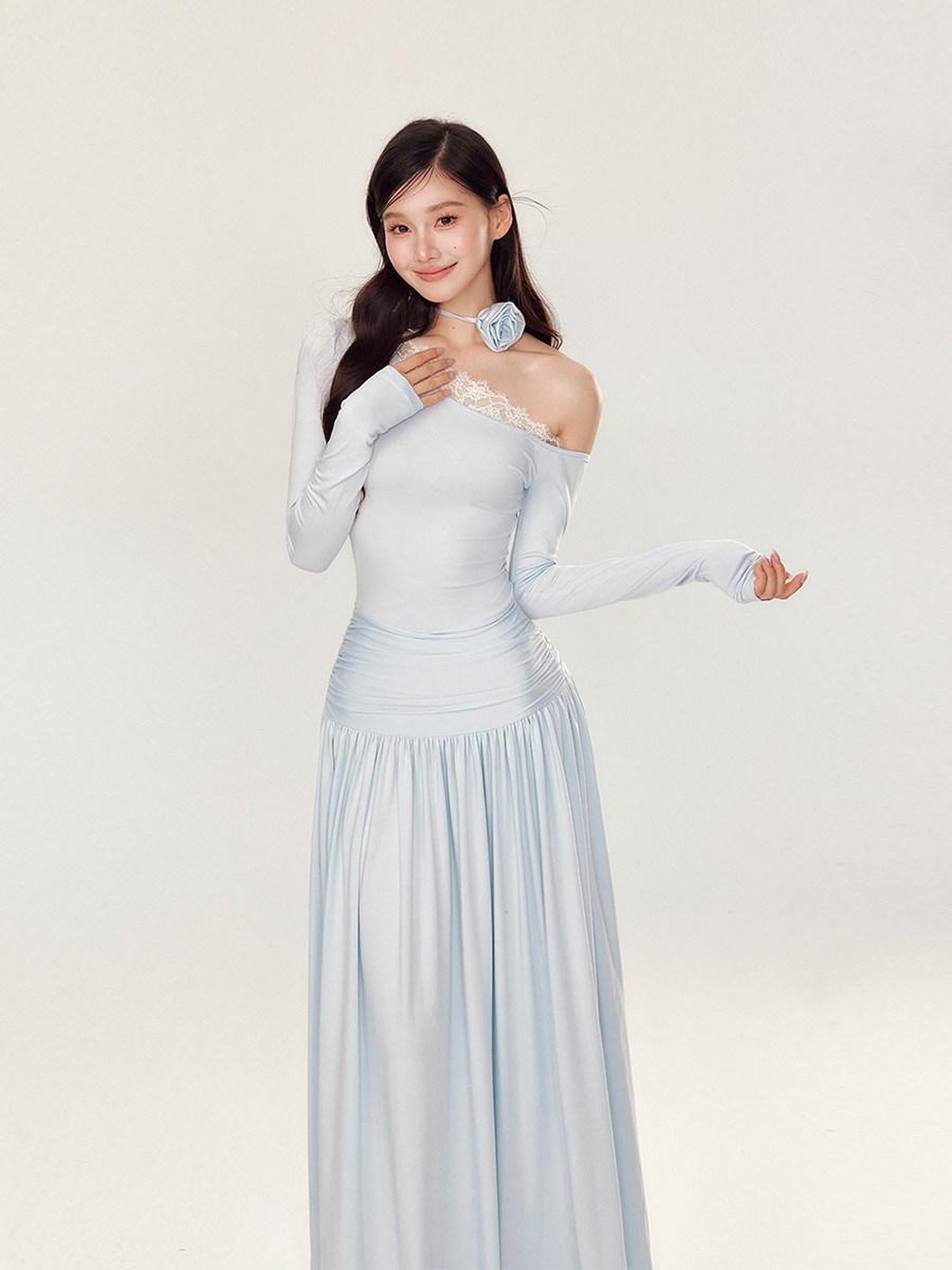 YZZI HE One Shoulder Waist Ruching Slim Long Sleeve Women&