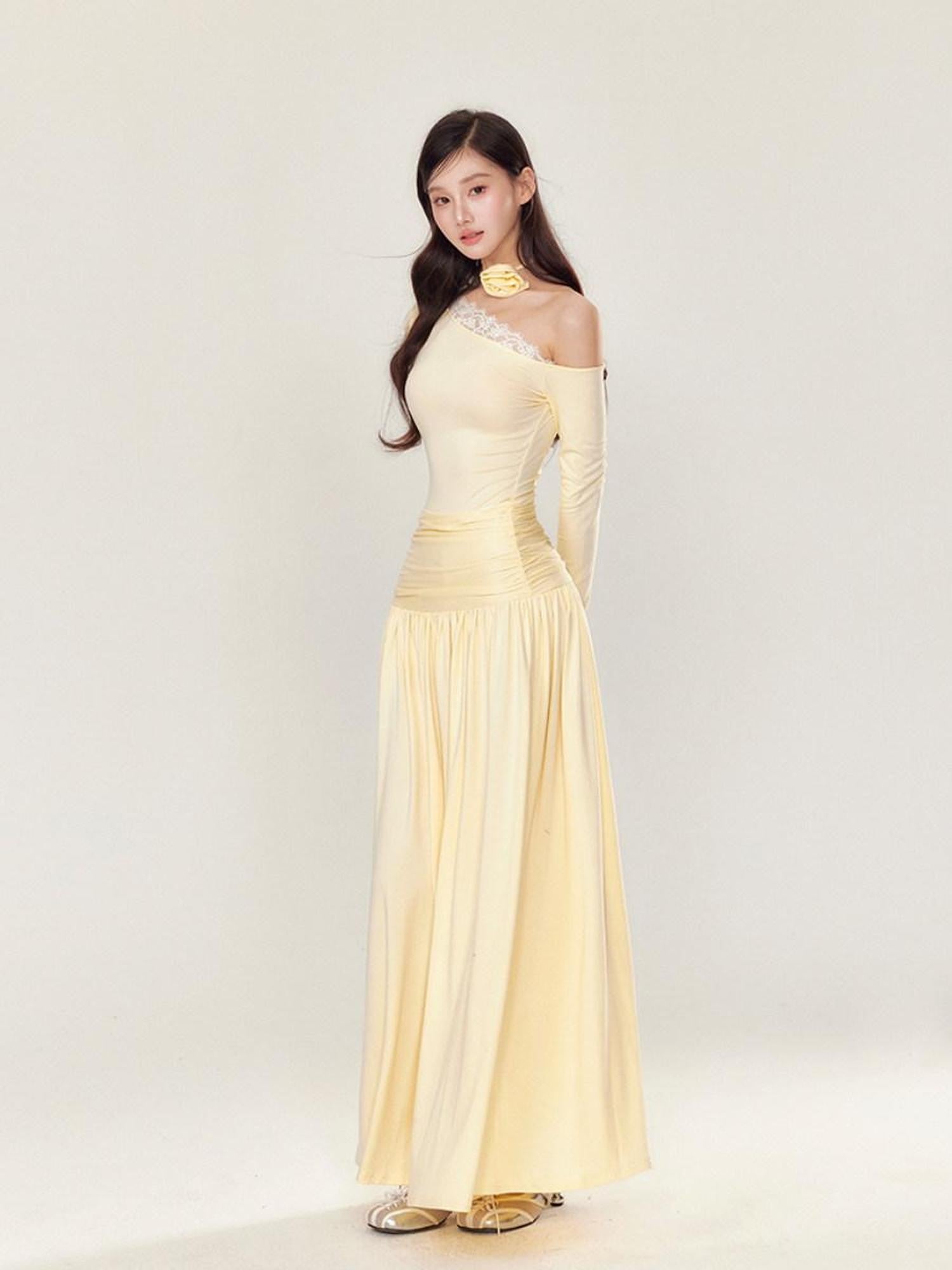 YZZI HE One Shoulder Waist Ruching Slim Long Sleeve Women&