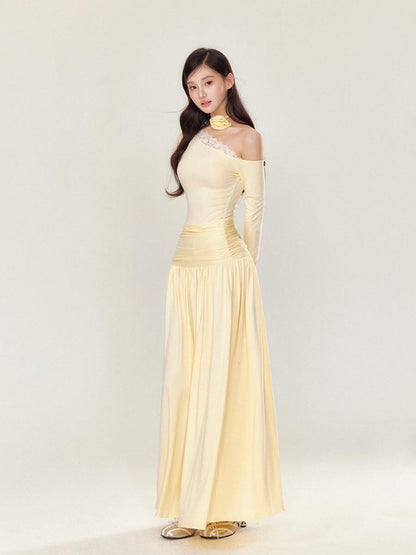 YZZI HE One Shoulder Waist Ruching Slim Long Sleeve Women&