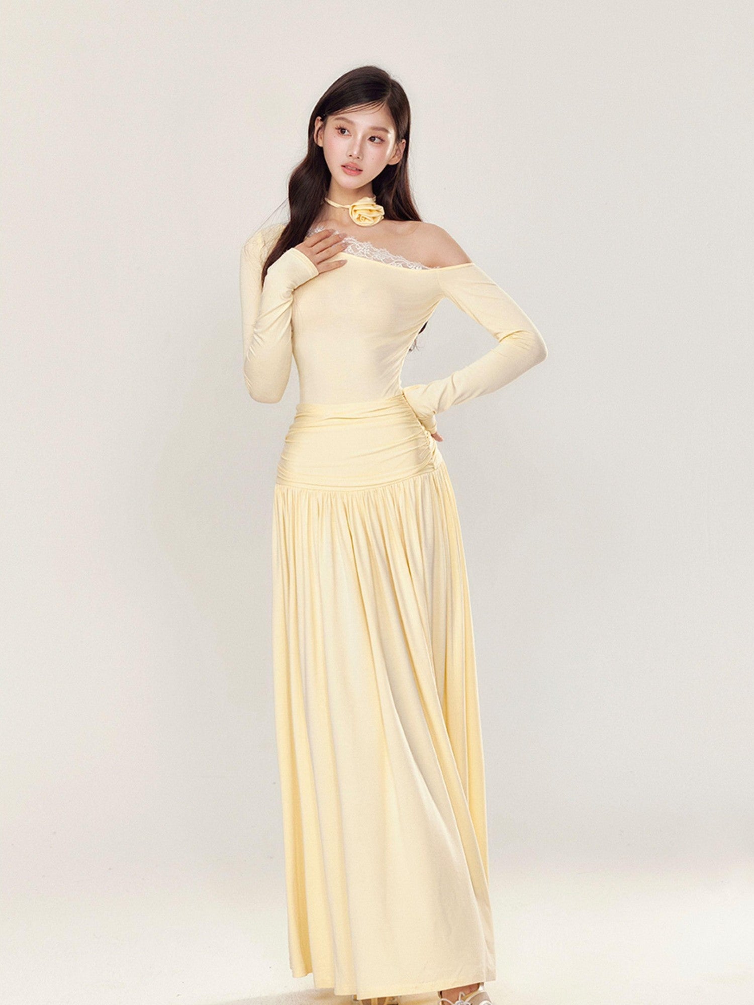 YZZI HE One Shoulder Waist Ruching Slim Long Sleeve Women&