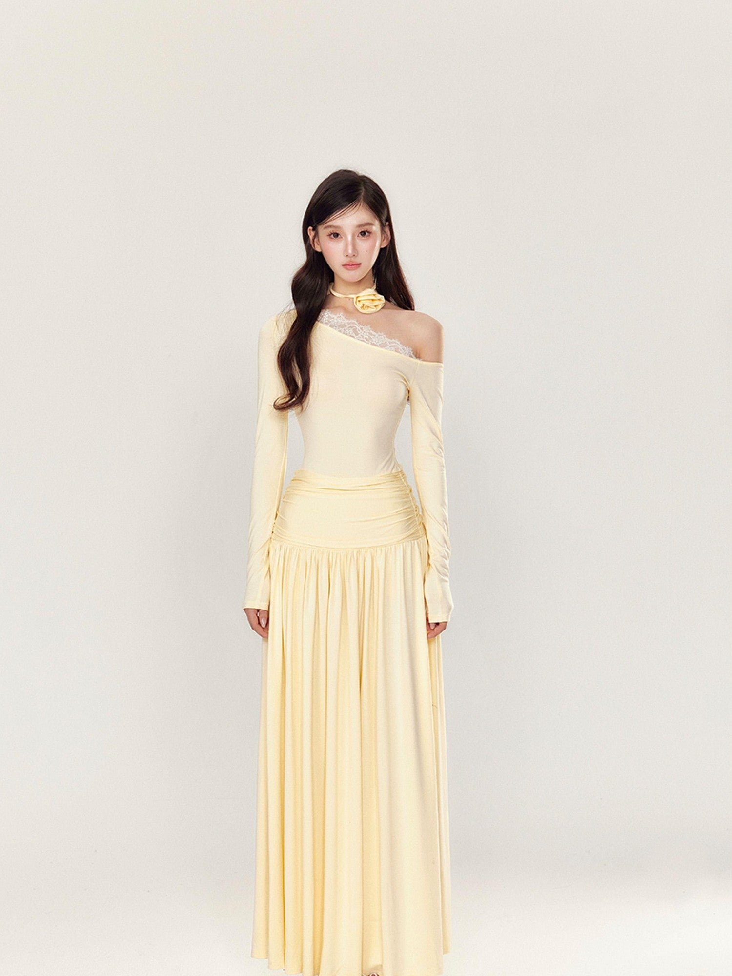 YZZI HE One Shoulder Waist Ruching Slim Long Sleeve Women&