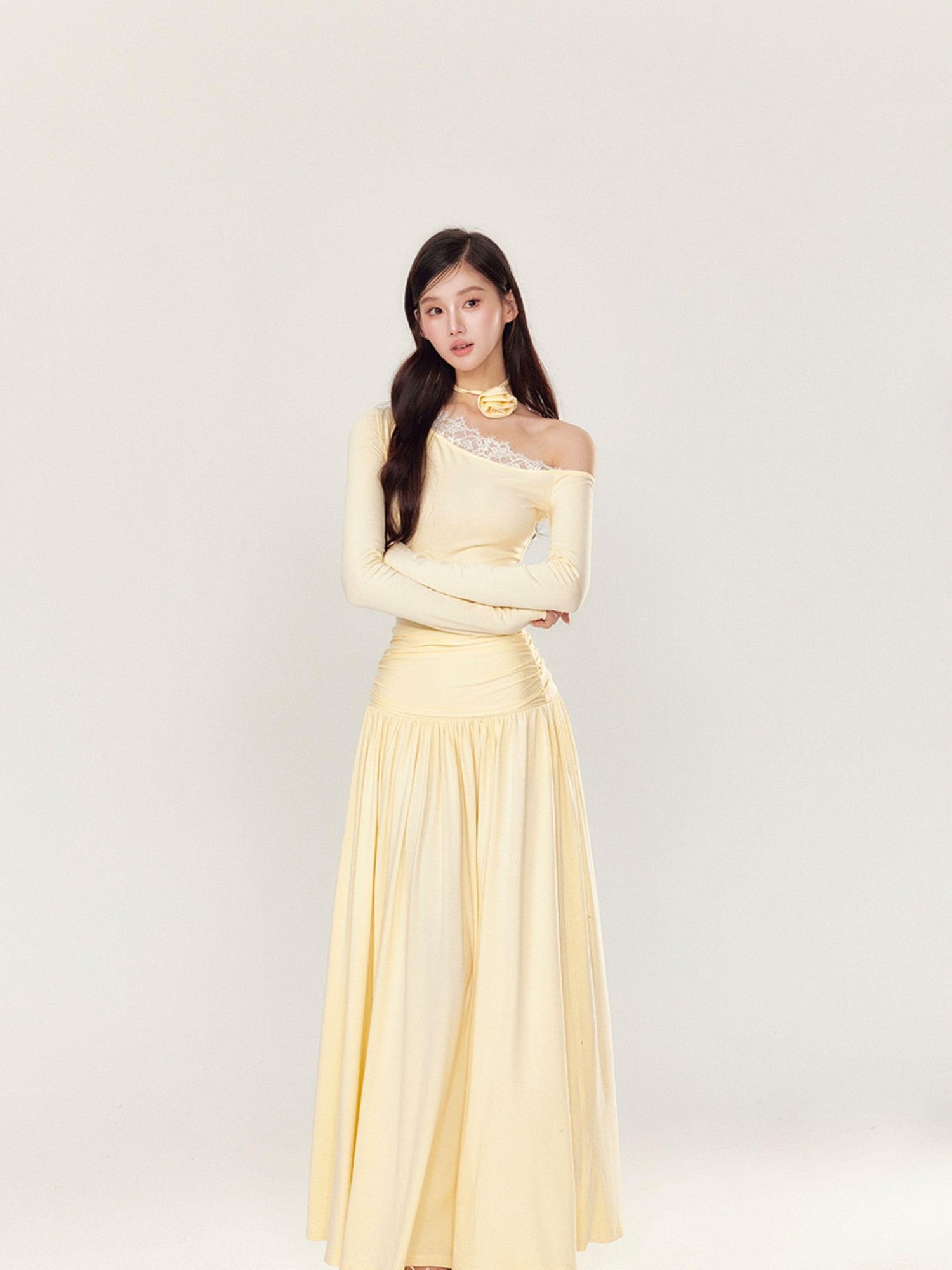 YZZI HE One Shoulder Waist Ruching Slim Long Sleeve Women&
