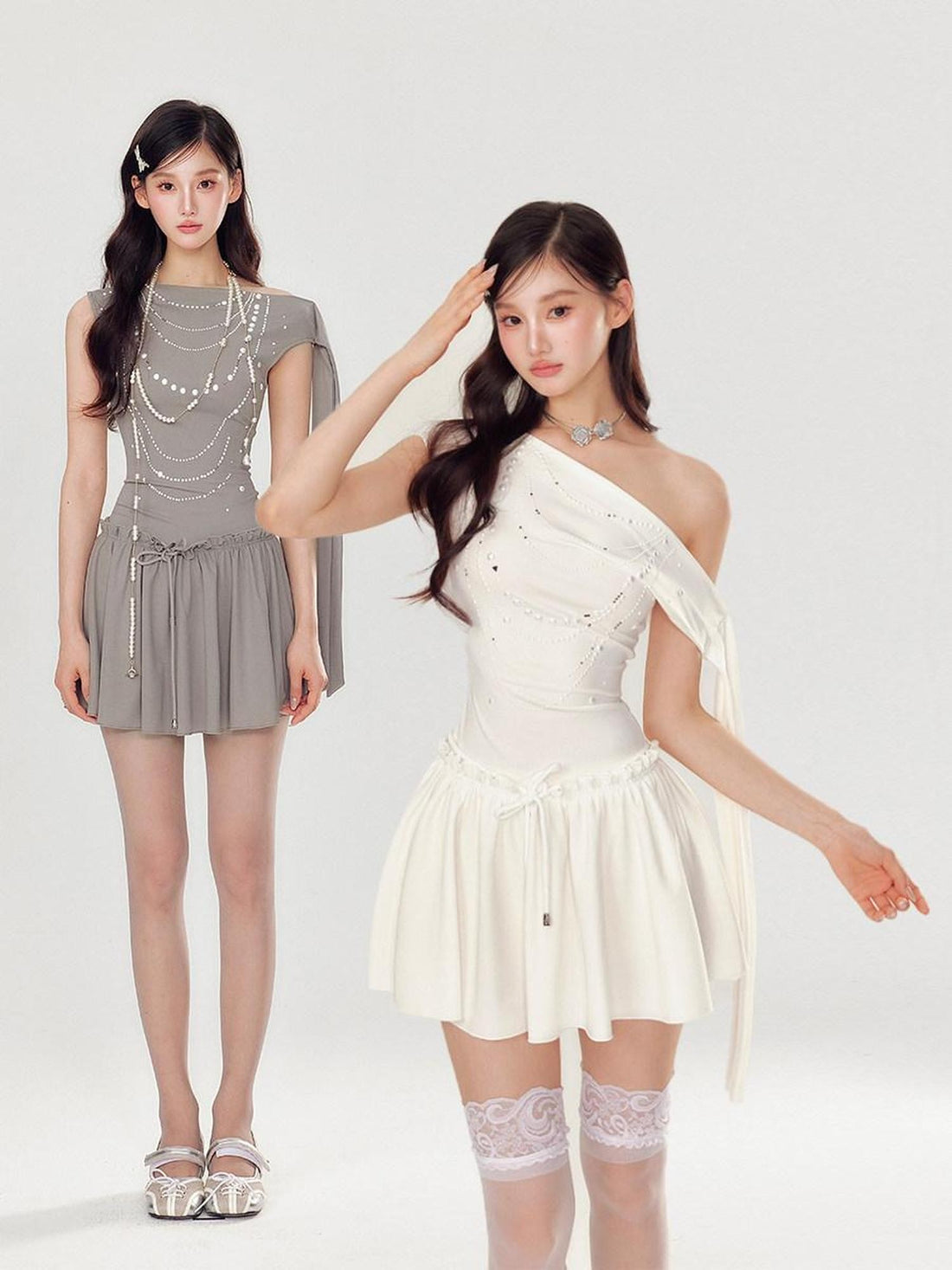 YZZI HE Pearl Rhinestone One Shoulder Puff Women&
