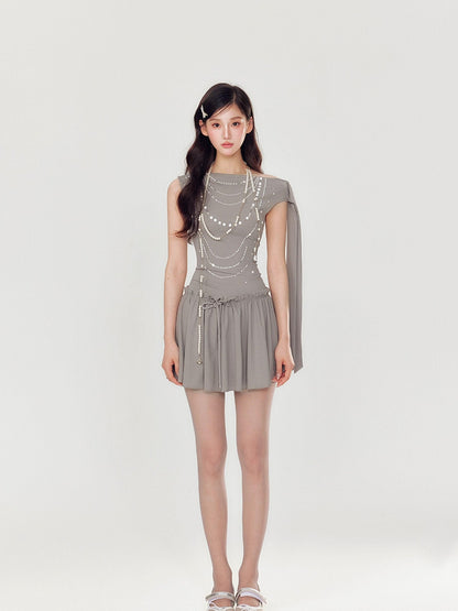 YZZI HE Pearl Rhinestone One Shoulder Puff Women&
