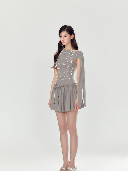 YZZI HE Pearl Rhinestone One Shoulder Puff Women&