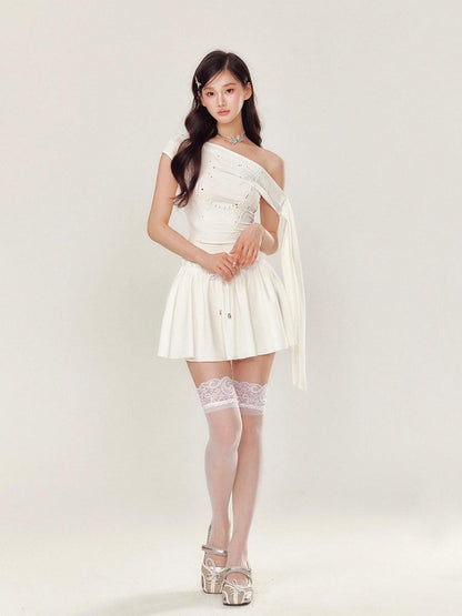 YZZI HE Pearl Rhinestone One Shoulder Puff Women&