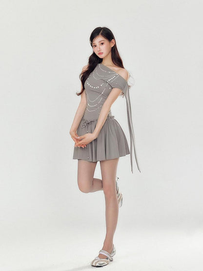 YZZI HE Pearl Rhinestone One Shoulder Puff Women&