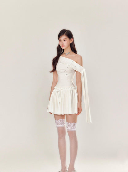 YZZI HE Pearl Rhinestone One Shoulder Puff Women&
