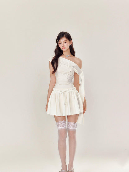 YZZI HE Pearl Rhinestone One Shoulder Puff Women&
