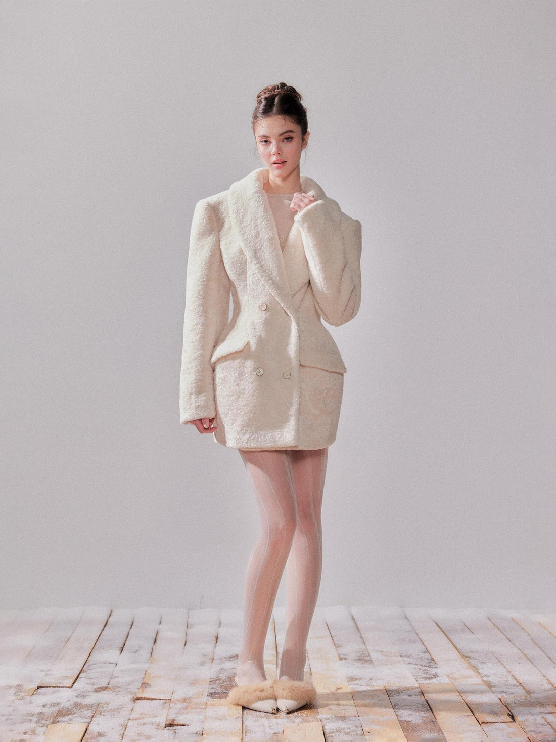 YZZI HE Pearl White Double Breasted Lapel Cinched Waist Women&