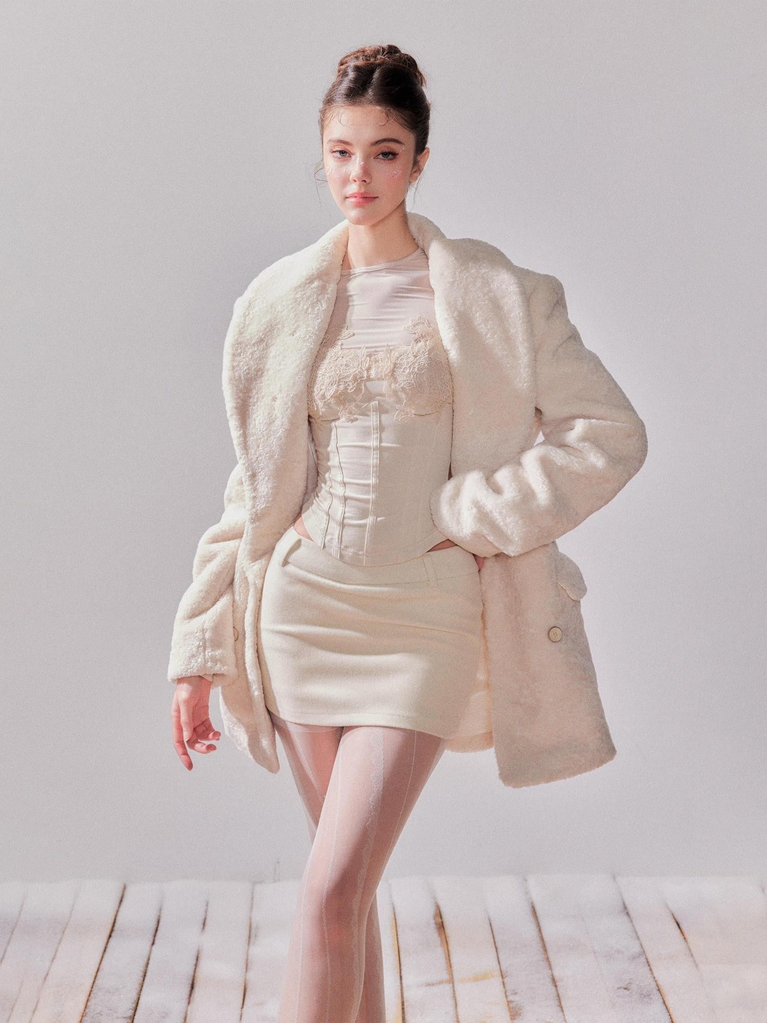 YZZI HE Pearl White Double Breasted Lapel Cinched Waist Women&