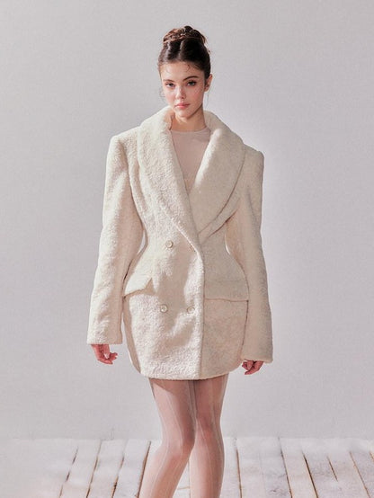 YZZI HE Pearl White Double Breasted Lapel Cinched Waist Women&