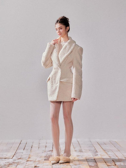 YZZI HE Pearl White Double Breasted Lapel Cinched Waist Women&