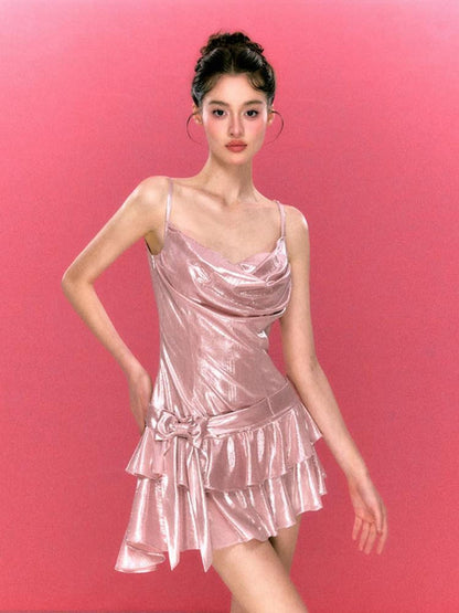 YZZI HE Pink Asymmetrical Ruffle Bow Princess Slimming A Line Women&