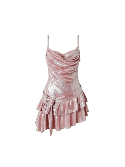 YZZI HE Pink Asymmetrical Ruffle Bow Princess Slimming A Line Women&