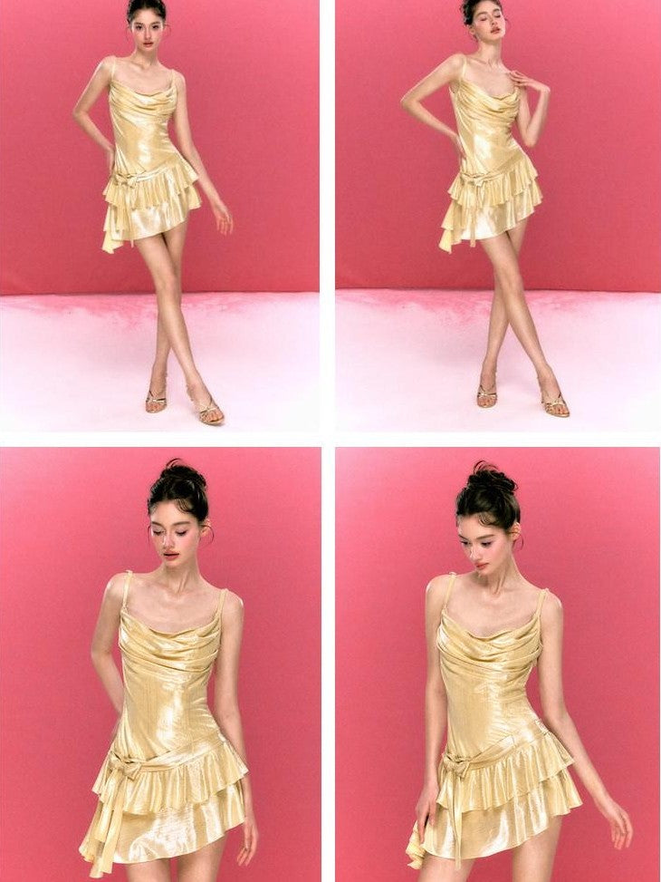 YZZI HE Pink Asymmetrical Ruffle Bow Princess Slimming A Line Women&