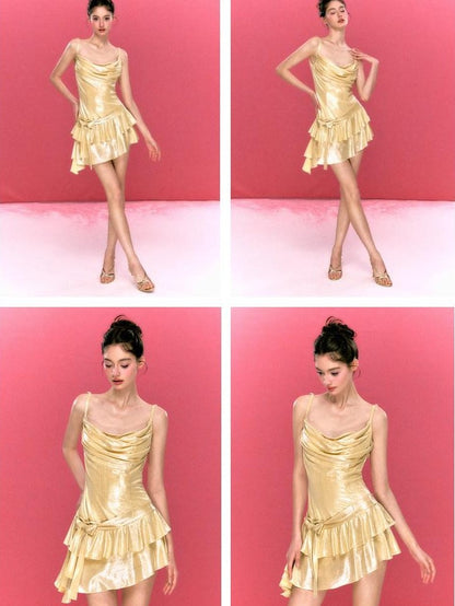 YZZI HE Pink Asymmetrical Ruffle Bow Princess Slimming A Line Women&