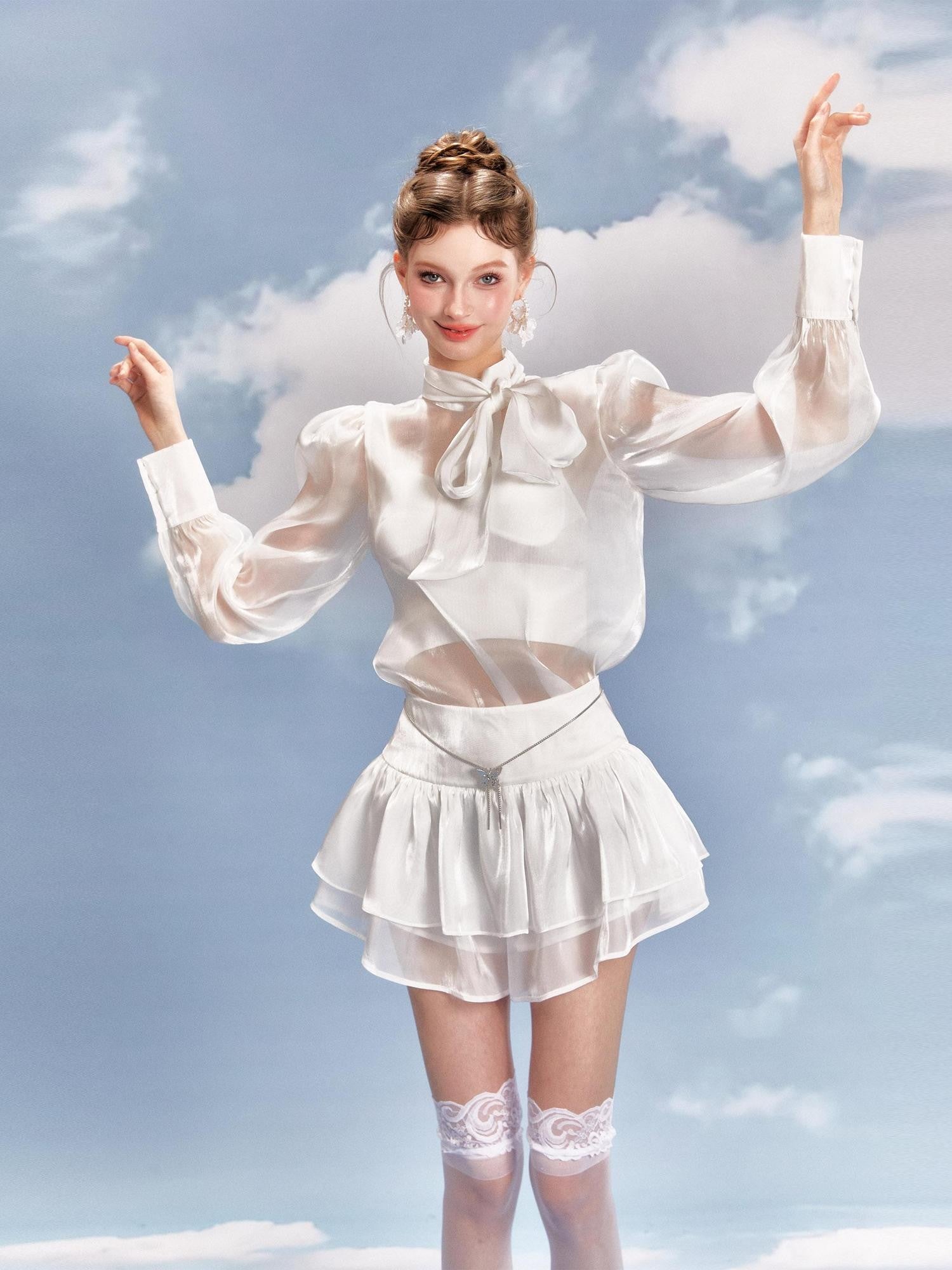 YZZI HE Pink Bow Stand Collar Women&