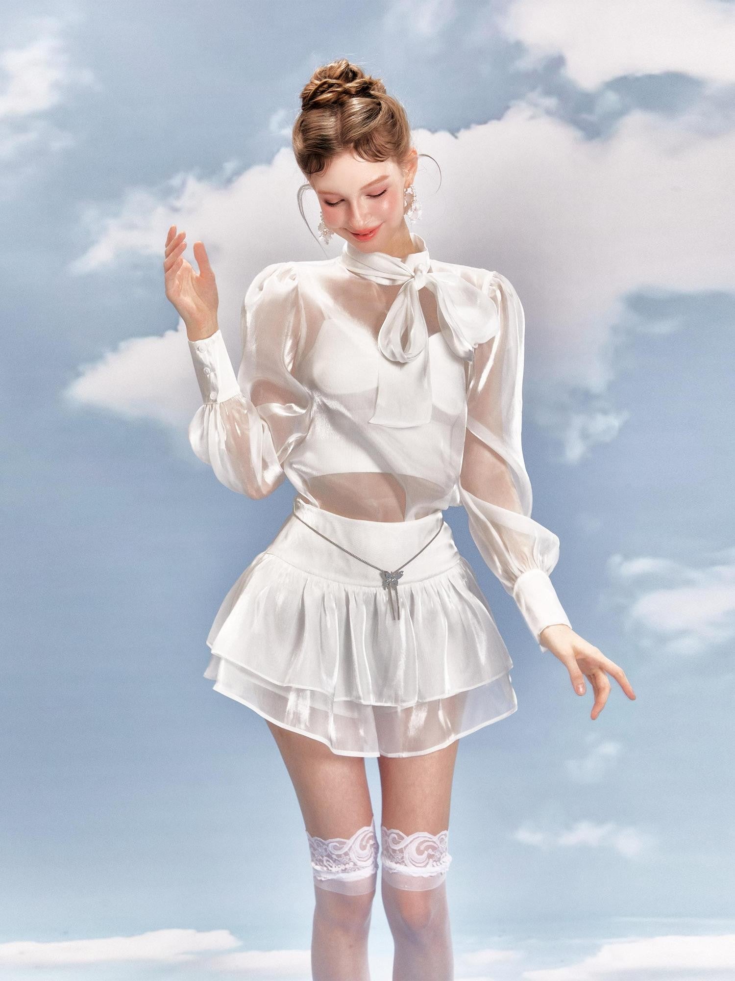 YZZI HE Pink Bow Stand Collar Women&