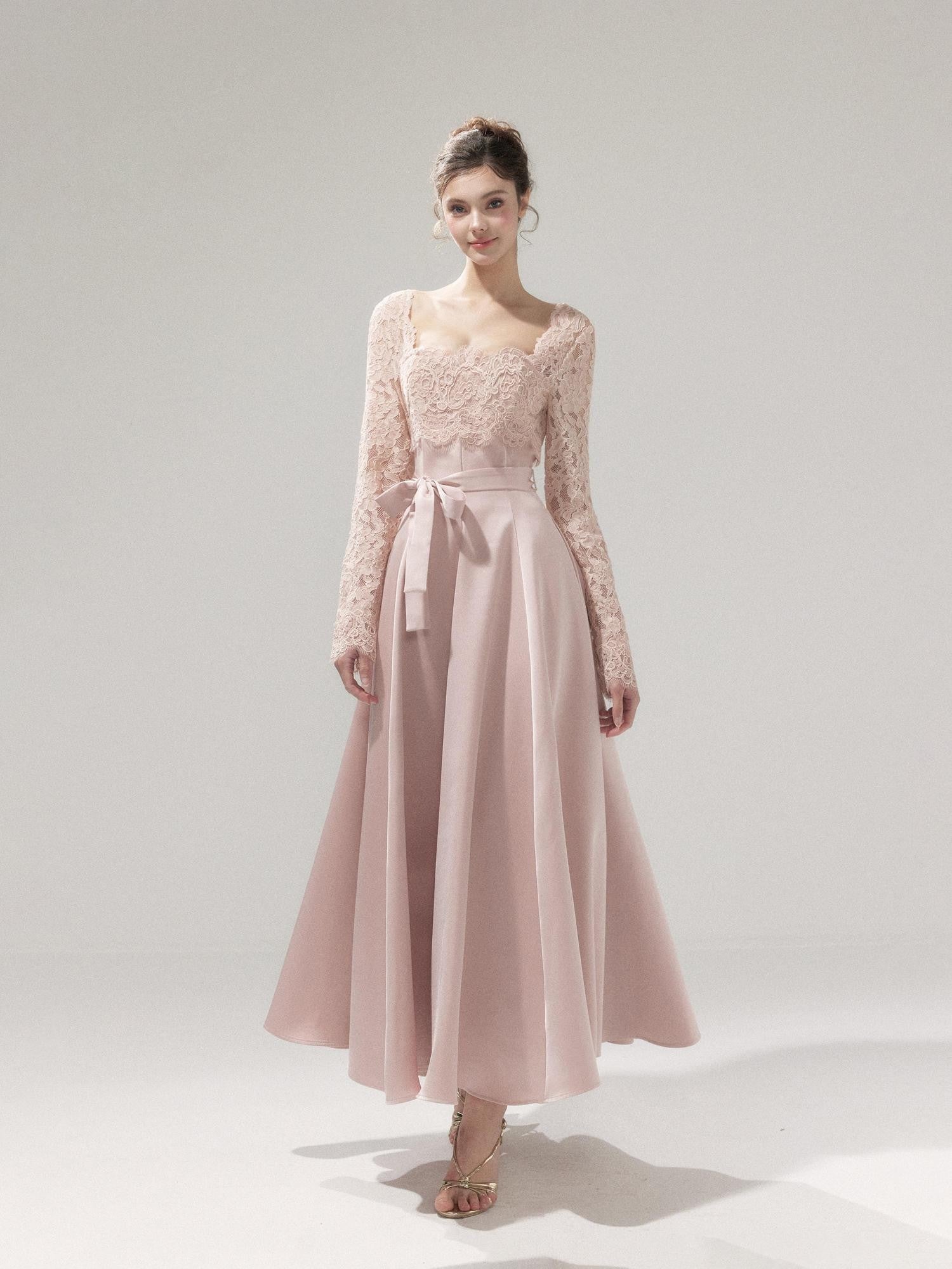 YZZI HE Pink Lace Cinched Waist Square Neck Women&